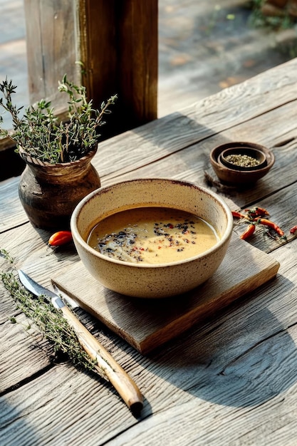 Zupa w misce z ziołami